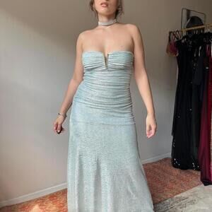 gorgeous y2k baby blue silver shimmering strapless prom dress gown
